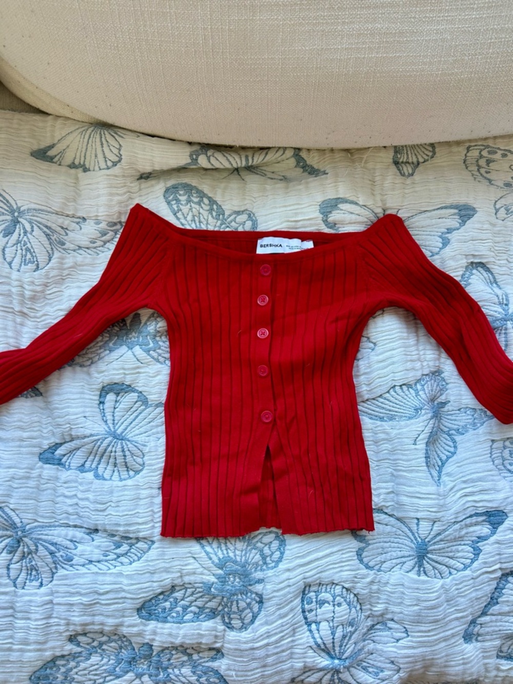 Bershka Vibrant Red Ribbed Off-Shoulder Button Sweater